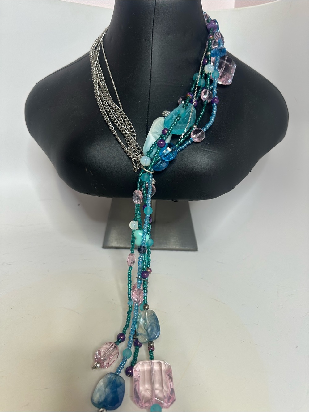 Mixed Aqua & Pink Multi-Strand Beaded Necklace